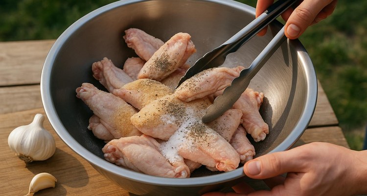Chicken wings being seasoned in a mixing bowl