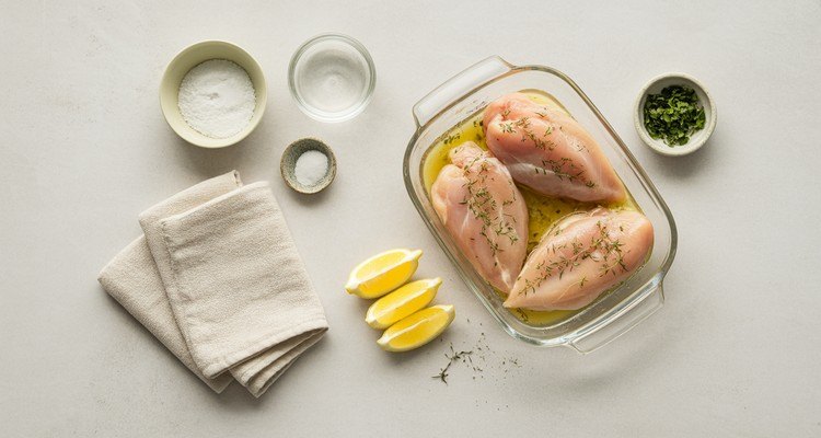 Chicken breasts marinating with lemon, herbs, and salt before grilling