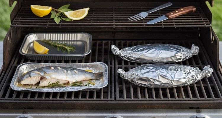 Sealed fish foil packets cooking on grill grates with lemon and herbs