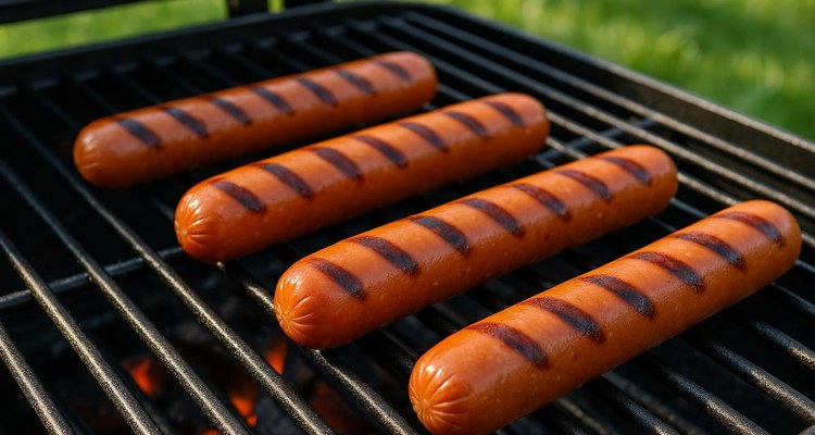 Hot dogs with grill marks cooking on clean grill grates