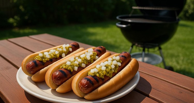 Grilled hot dogs in toasted buns with relish and onions beside a backyard grill
