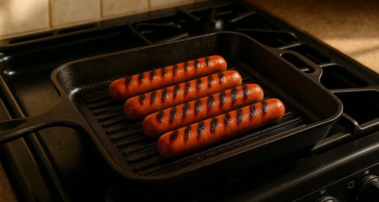 Hot dogs cooking in a cast iron grill pan on a stovetop