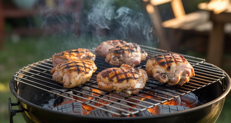 Marinated chicken thighs on a charcoal kettle grill with grill marks and smoke rising, hot orange coals visible below