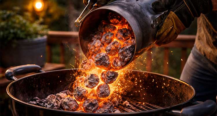 Person wearing heat-resistant gloves pouring glowing orange hot coals from chimney starter into kettle grill.