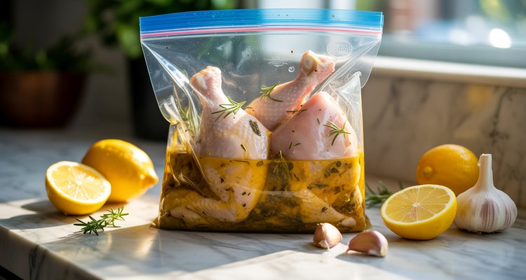 Raw chicken pieces in a zip-lock bag with golden herb marinade, lemon halves and garlic cloves on a marble counter