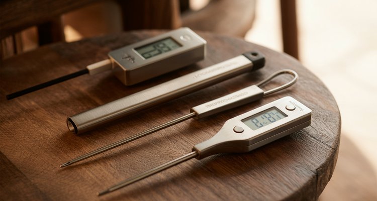 Best Meat Thermometers for Grilling and BBQ Best meat thermometers for grilling and BBQ — instant-read and wireless probe thermometers on a wooden table