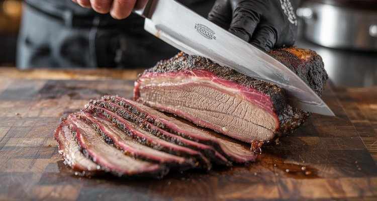 Smoked brisket being sliced on a wooden cutting board showing pink smoke ring and dark bark