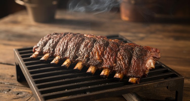 Smoked baby back ribs at 225°F on grill grates Rack of smoked baby back ribs on cast iron grill grates with mahogany bark and wisps of smoke rising