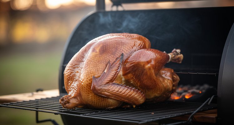 Smoked turkey on pellet grill grates Whole smoked turkey with golden-brown skin resting on pellet grill grates with smoke curling around it