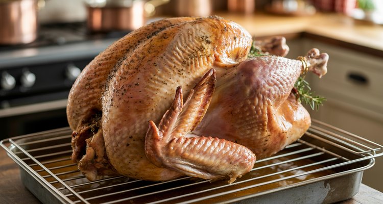 Spatchcock turkey golden brown fresh from oven Golden-brown spatchcocked turkey resting on a wire rack in a roasting pan fresh from the oven with crispy skin