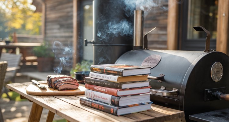 Best smoker cookbooks stacked on a rustic table next to an offset smoker with sliced brisket