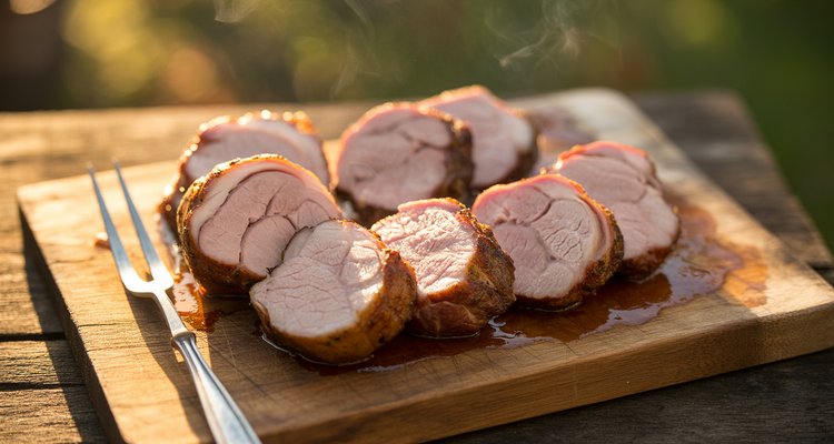 Smoked pork tenderloin sliced on cutting board Sliced smoked pork tenderloin medallions on a wooden cutting board with juices and a carving fork