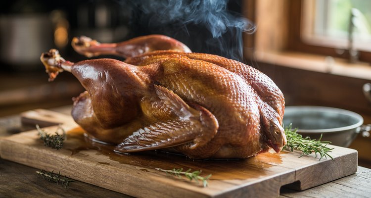 Whole smoked duck with golden-brown lacquered skin resting on a wooden cutting board with herbs