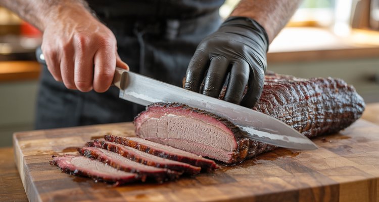 Freshly smoked whole packer brisket being sliced on a wooden cutting board with perfect pencil-width slices showing smoke ring