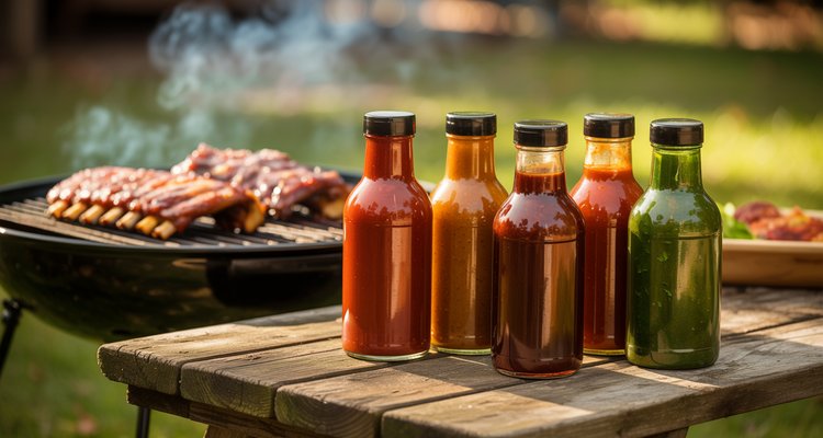 Best Store-Bought BBQ Sauces 2026 Best store-bought BBQ sauce bottles on a rustic wooden table with ribs in the background