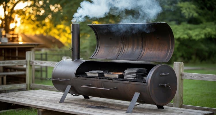 Best offset smoker baffle plates — barrel offset smoker with lid open showing steel tuning plates