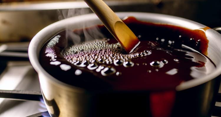 Homemade BBQ sauce simmering and bubbling in a stainless steel saucepan on a stovetop