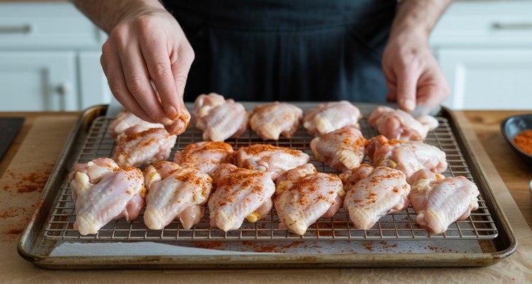 Chicken wings on a wire rack being seasoned with dry rub