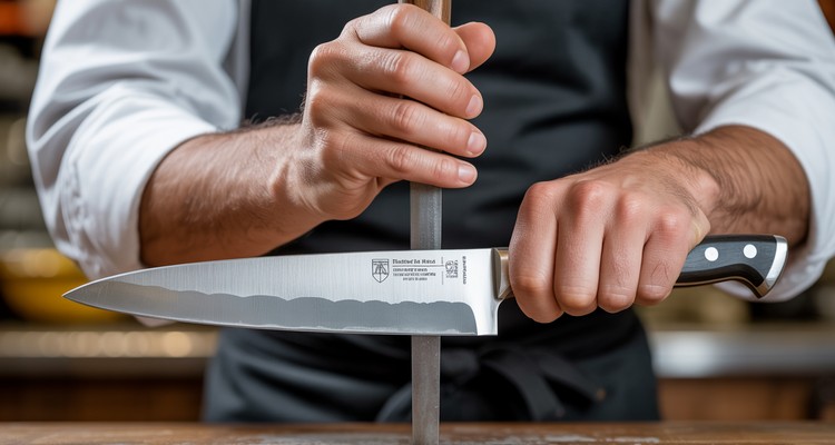 Chef's hands holding a steel honing rod vertically swiping a large chef's knife down the steel to realign the edge in a professional kitchen