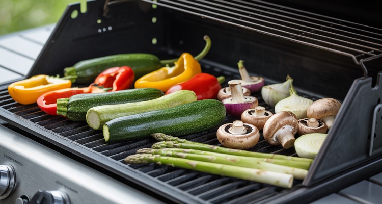 Colorful vegetables grilling on clean grill grates