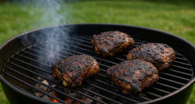 Jamaican jerk chicken thighs cooking on a charcoal grill with light smoke