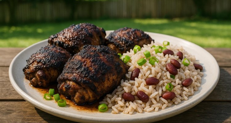 Jamaican jerk chicken thighs with rice and peas on a plate