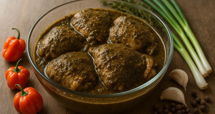 Chicken thighs coated in Jamaican jerk marinade with Scotch bonnet peppers and aromatics