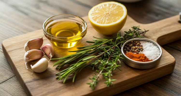 Flat lay of chicken marinade ingredients including olive oil, lemon, garlic cloves, rosemary, thyme, salt and paprika on a wooden cutting board