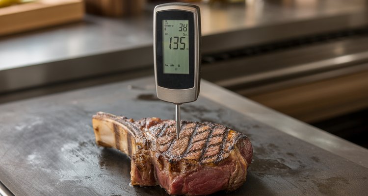 Digital instant-read thermometer inserted into a grilled tomahawk ribeye steak showing 135°F for perfect medium-rare internal temperature