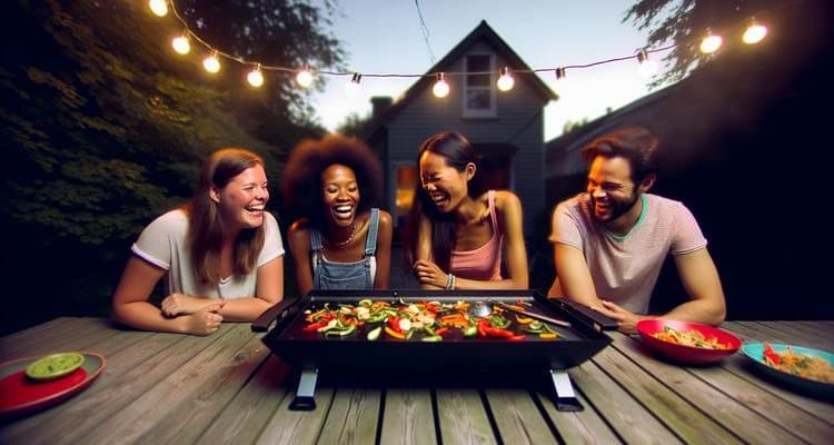 Friends gathered around an outdoor flat top griddle grill in the evening — social griddling with string lights