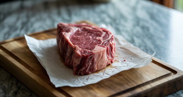 Raw ribeye steak on cutting board before marinating Raw ribeye steak on paper towels on a wooden cutting board ready to be patted dry before marinating