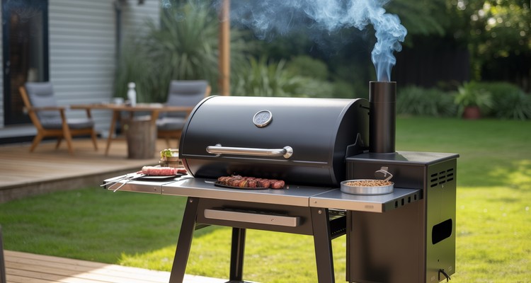 Best pellet grills under 1000 - sleek black pellet grill on a backyard deck with blue smoke rising