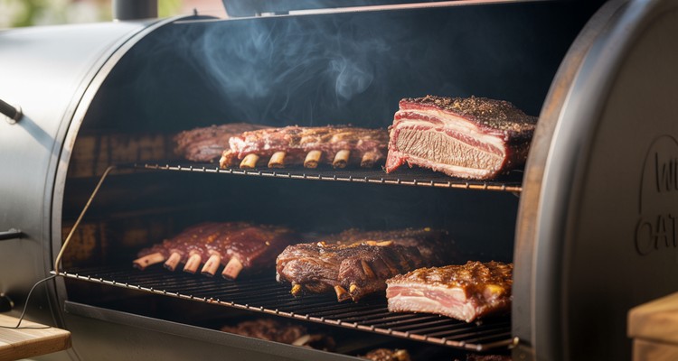 Inside a wood pellet smoker grill showing smoked brisket and racks of ribs on porcelain-coated grates with rich smoke