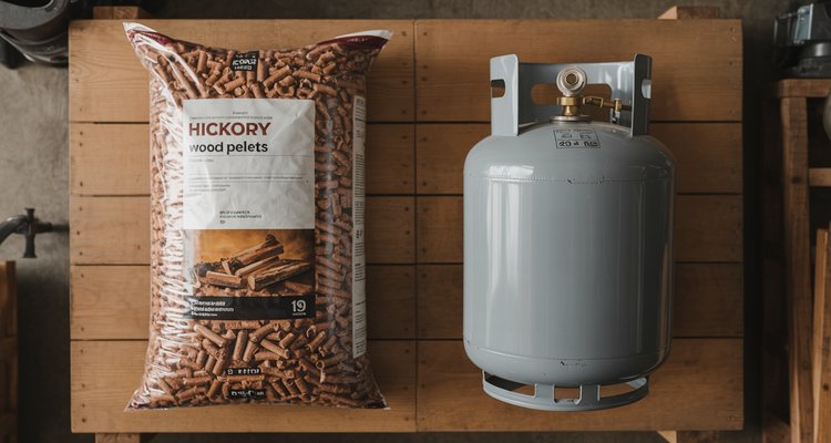 Bag of hickory wood pellets next to a 20-lb propane tank showing fuel cost comparison for pellet vs gas grills
