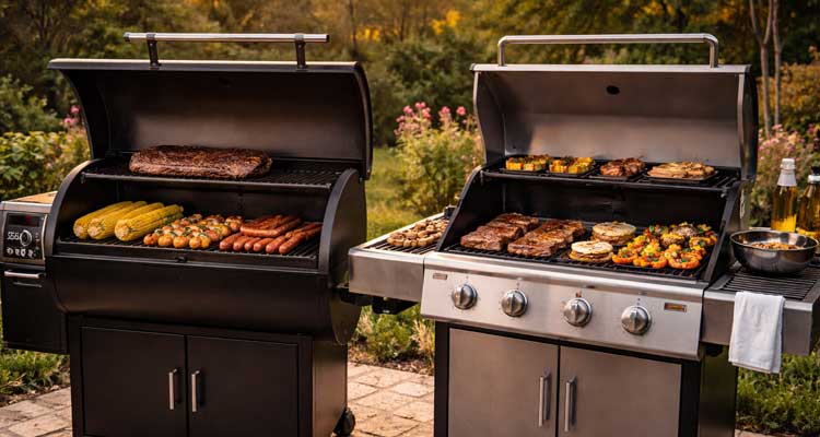 Pellet grill and gas grill side by side on a stone patio at golden hour, both open with food on the grates