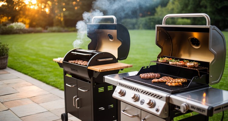 Pellet grill and gas grill side by side on a stone patio at golden hour, both open with food on the grates