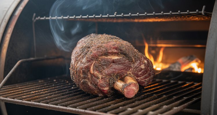Chuck roast on smoker grates with smoke and dark rub bark forming during first smoke phase
