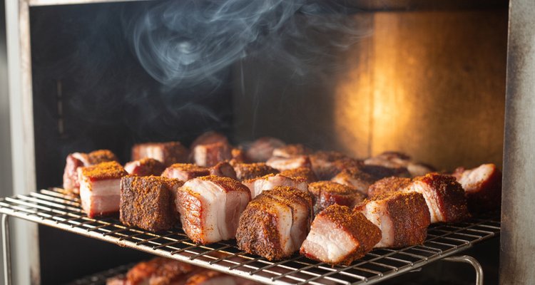 Seasoned pork belly cubes on a wire rack inside a smoker with visible smoke
