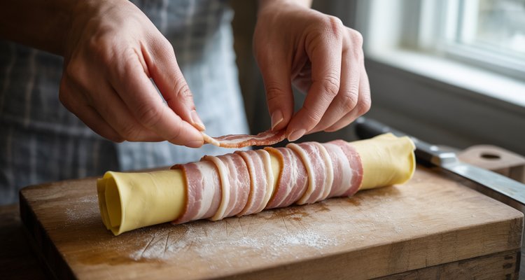 Wrapping thin-cut bacon around a stuffed manicotti shell for smoked shotgun shells