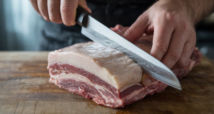 Boning knife removing hard fat deposit from the underside of a raw brisket at a low angle on a cutting board