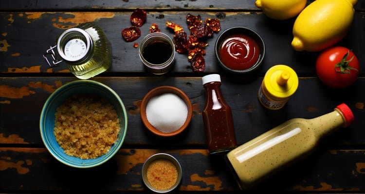 BBQ sauce ingredients laid out on a dark wood surface — apple cider vinegar, ketchup, brown sugar, mustard, hot sauce, garlic, and spices