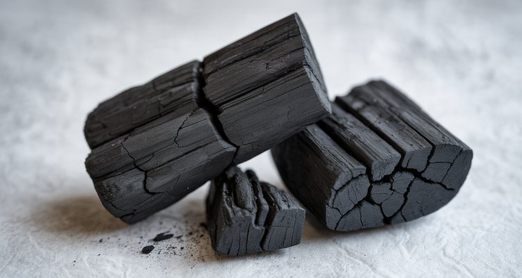 Close-up of high-quality lump charcoal pieces showing jet-black interior with natural fracture lines on a clean surface