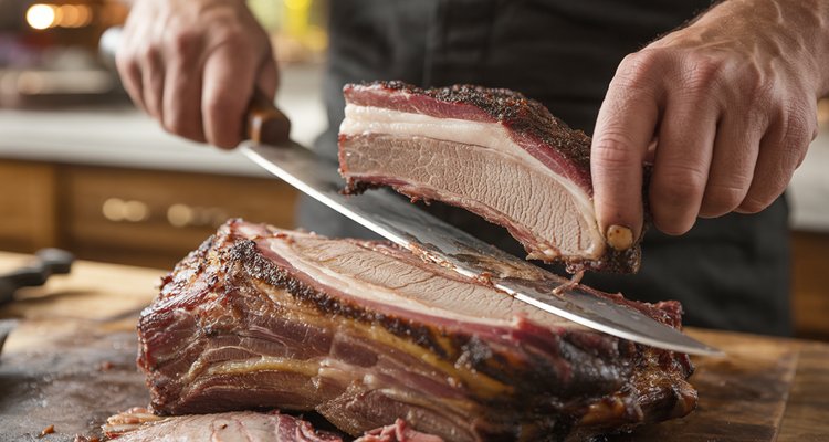 Separating brisket flat from point along the natural fat seam with a long slicing knife