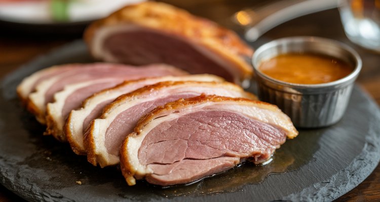 Sliced smoked duck breast on dark slate plate showing pink interior with crispy skin and orange glaze