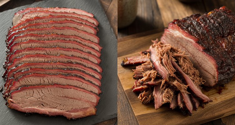 Smoked brisket flat sliced in neat uniform pieces on the left and shredded brisket point with mahogany bark on the right