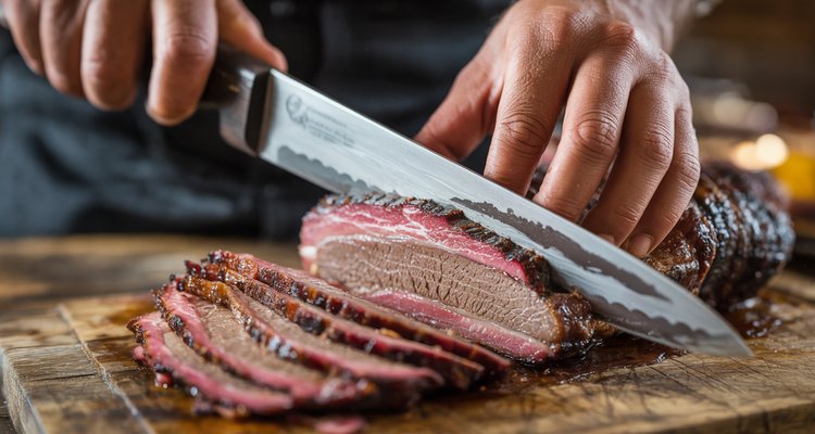 Hands slicing smoked brisket against the grain with a long serrated knife showing pink smoke ring