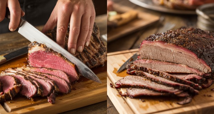 Close-up slicing comparison showing tri-tip cut against the grain with pink medium-rare interior alongside sliced brisket flat with smoke ring