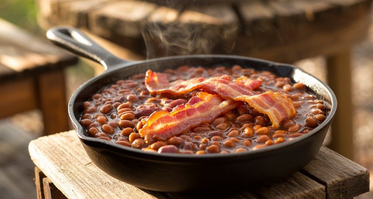 Smoked baked beans in cast iron skillet Cast iron skillet of smoked baked beans with crispy bacon on top