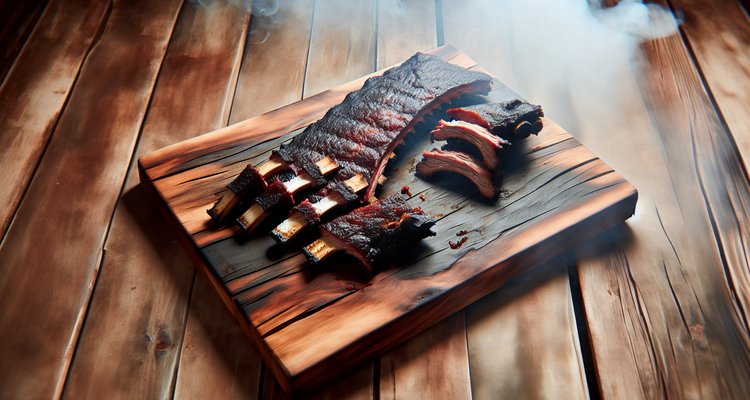 Smoked beef back ribs with dark bark on a rustic wooden cutting board