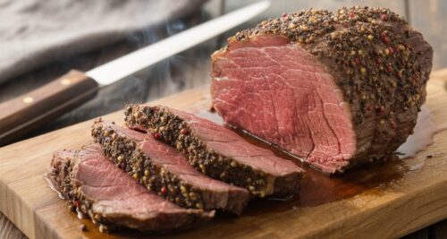 Sliced smoked beef tenderloin with pepper crust and pink center